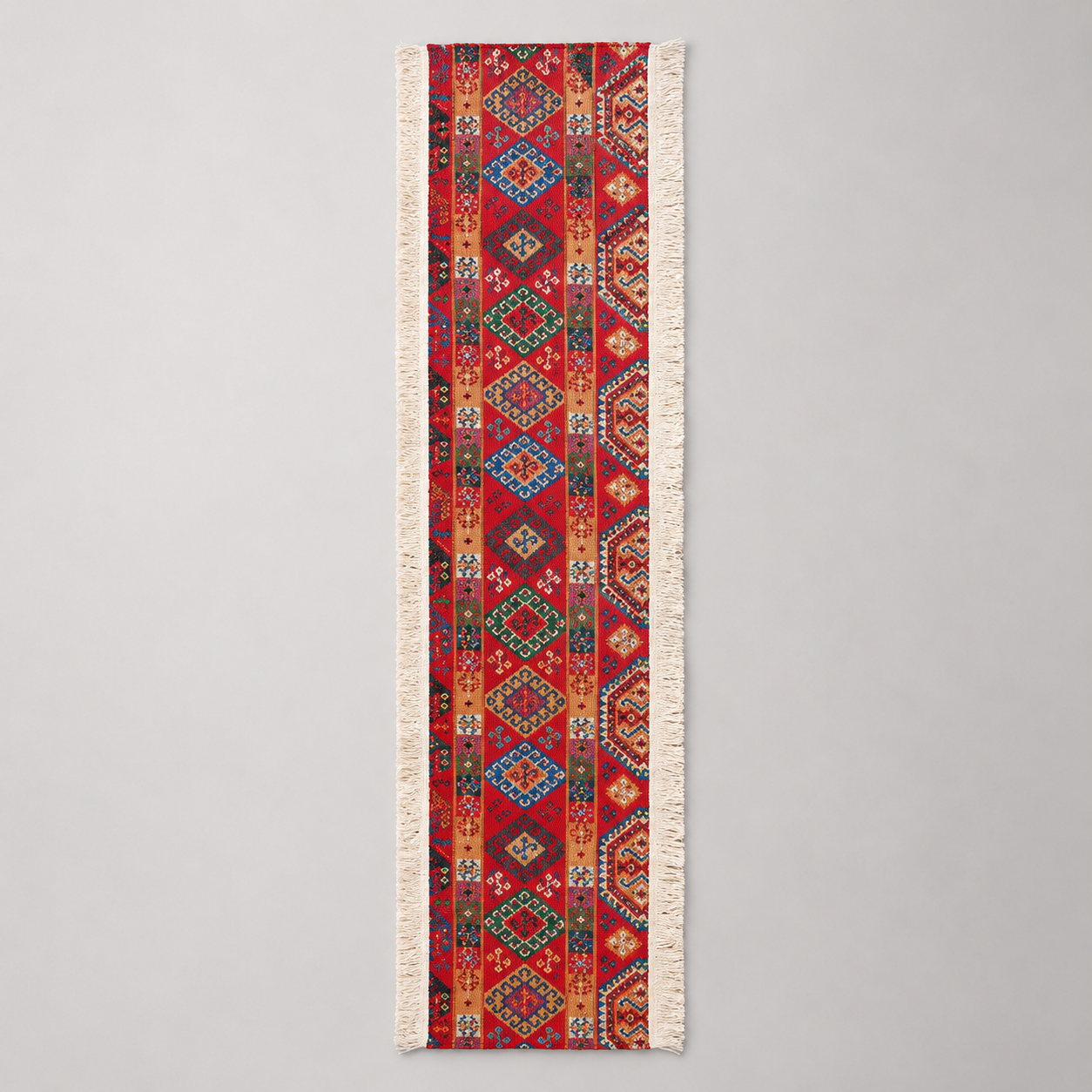 Boho-Tischläufer mit geometrischem Muster – Rot gewebt mit Fransen