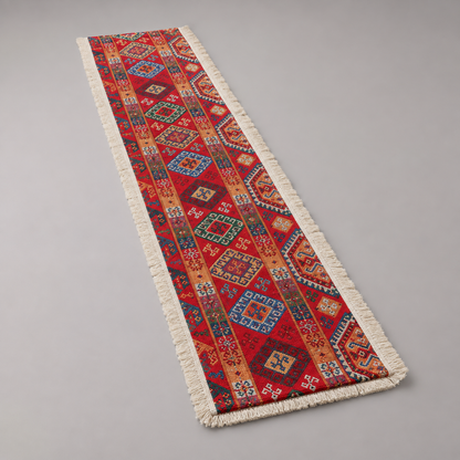 Boho-Tischläufer mit geometrischem Muster – Rot gewebt mit Fransen