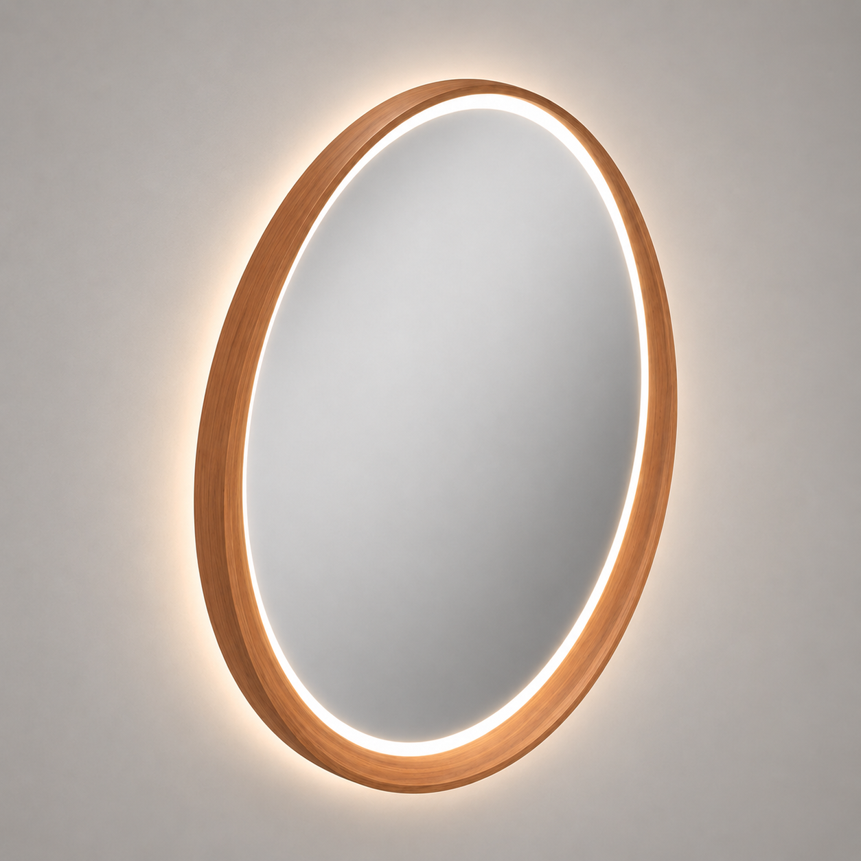 Leuchtender ovaler Wandspiegel – Holzoptik-Rahmen mit stimmungsvoller LED-Beleuchtung