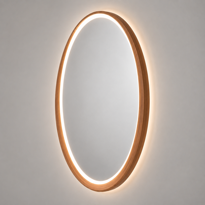 Leuchtender ovaler Wandspiegel – Holzoptik-Rahmen mit stimmungsvoller LED-Beleuchtung