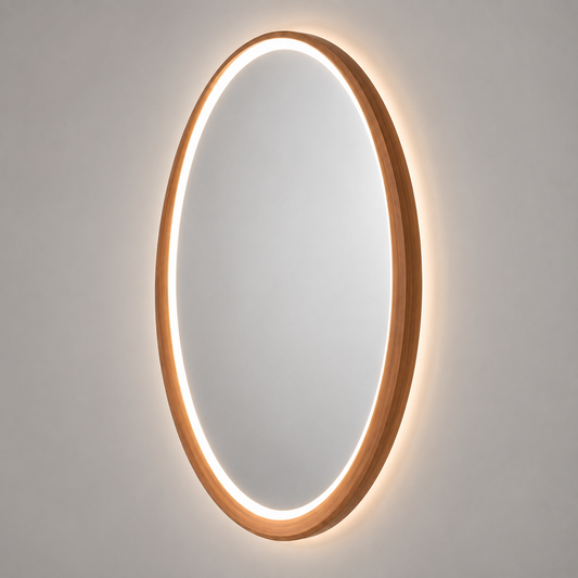 Leuchtender ovaler Wandspiegel – Holzoptik-Rahmen mit stimmungsvoller LED-Beleuchtung
