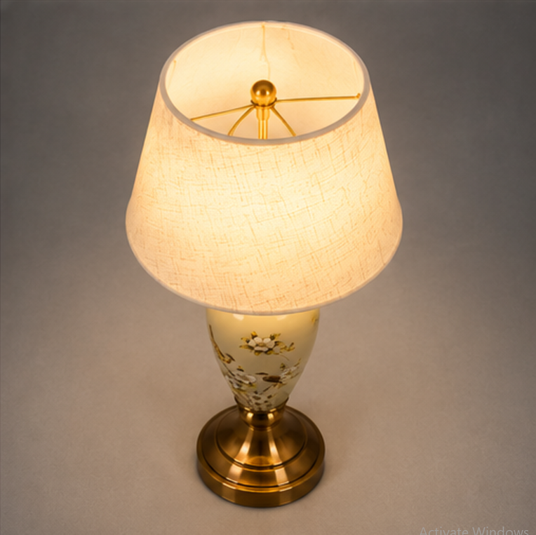 Blüten-Tischleuchte aus Keramik – Vintage-Messing und Lampenschirm in Leinenoptik