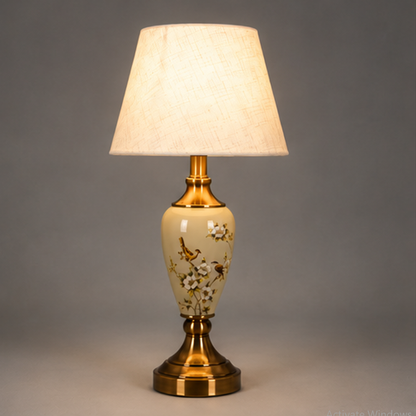 Blüten-Tischleuchte aus Keramik – Vintage-Messing und Lampenschirm in Leinenoptik